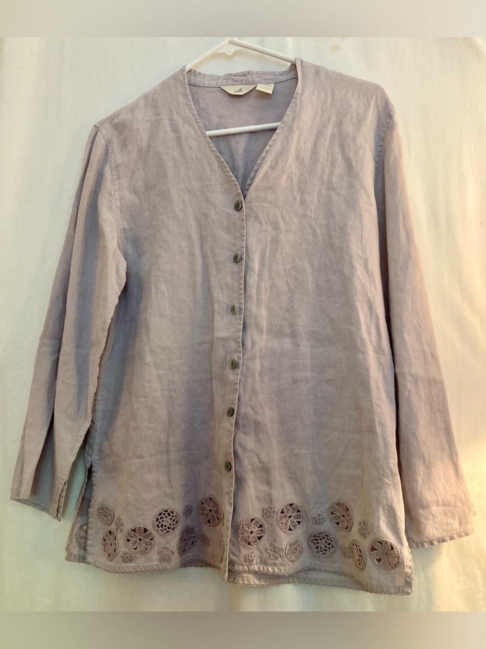 J. Jill Lavender Button-Front Linen Top with Eyelet Embroidered Hem Size S